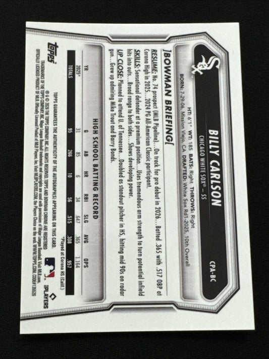 2026 Bowman Billy Carlson Chrome Purple Refractor Auto /250