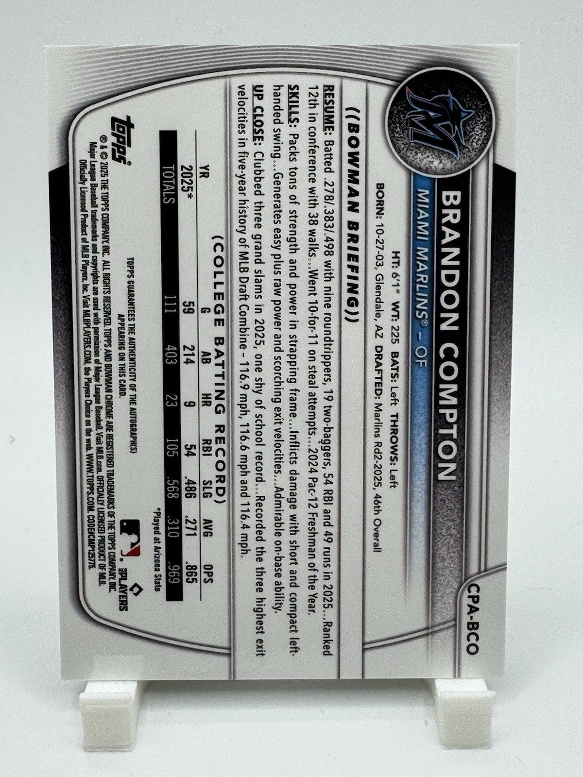 2025 Bowman Draft Brandon Compton Chrome Auto 1st Prospect #CPA-BCO Marlins