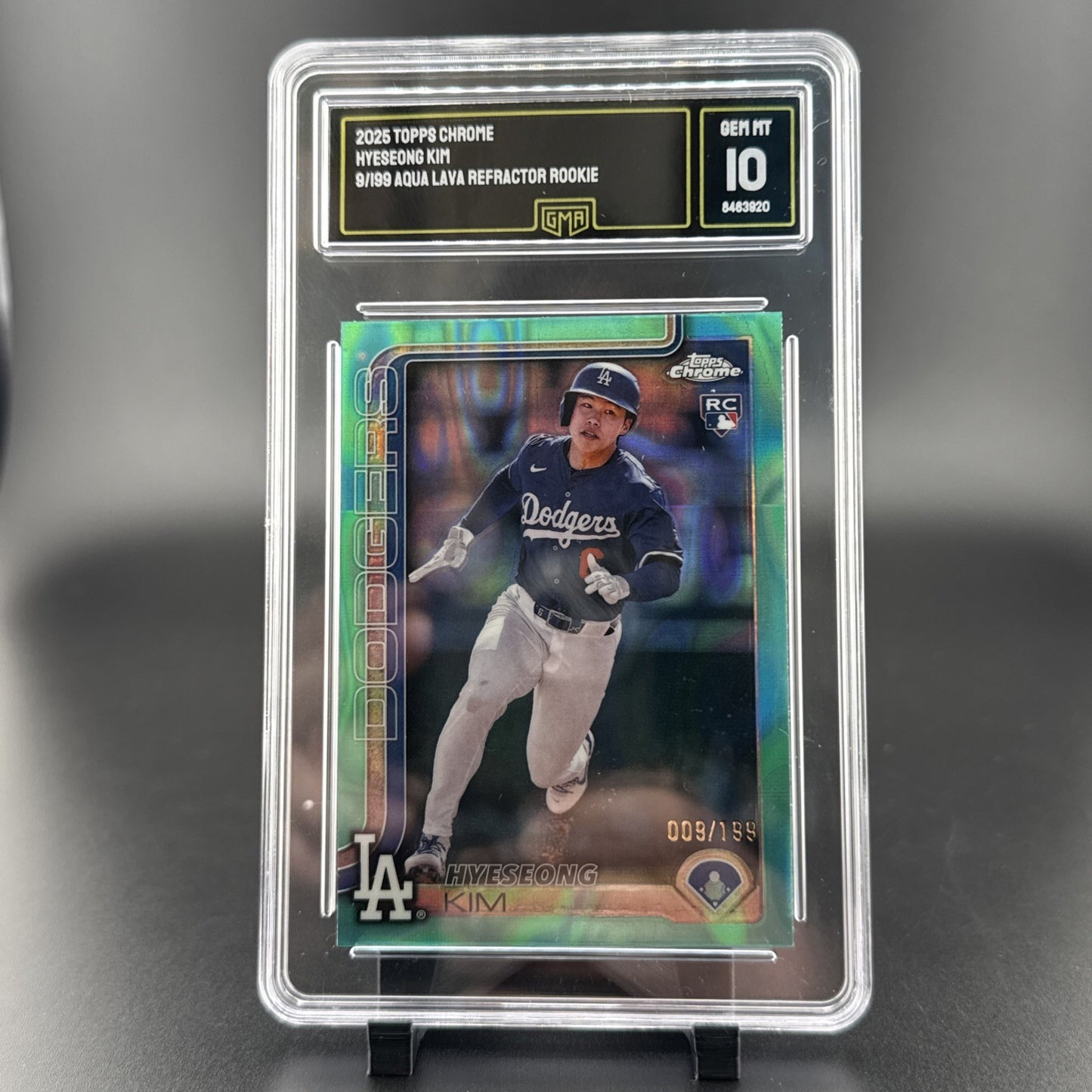 2025 topps chrome Hyeseong Kim 9/199 Aqua Lava Refractor Rookie GMA 10