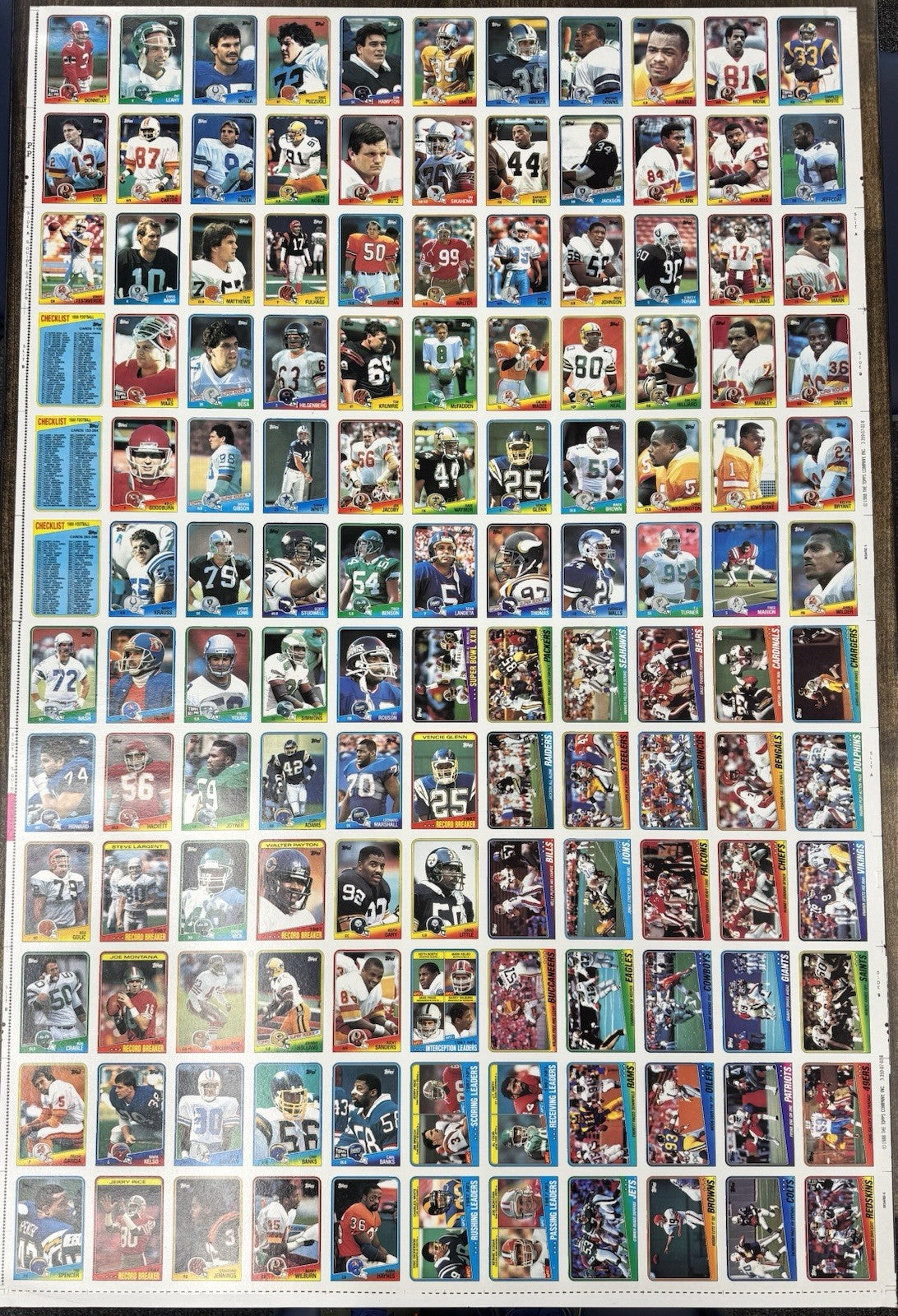 Three Topps 1988 NFL uncut original player card Sheets