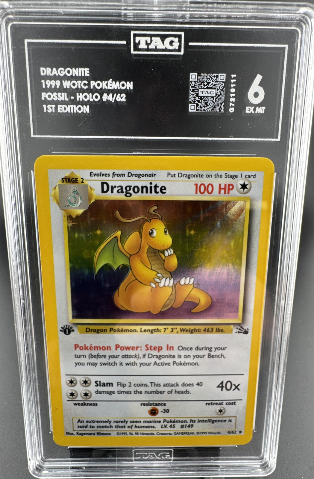 Dragonite 4/62 Fossil Holo 1999 WOTC Pokemon 1st Edition TAG 6