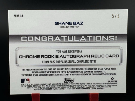 2022 Topps Chrome Shane Baz Tampa Bay Rays Autographed Relic RC Card 3/5 ACRR-SB