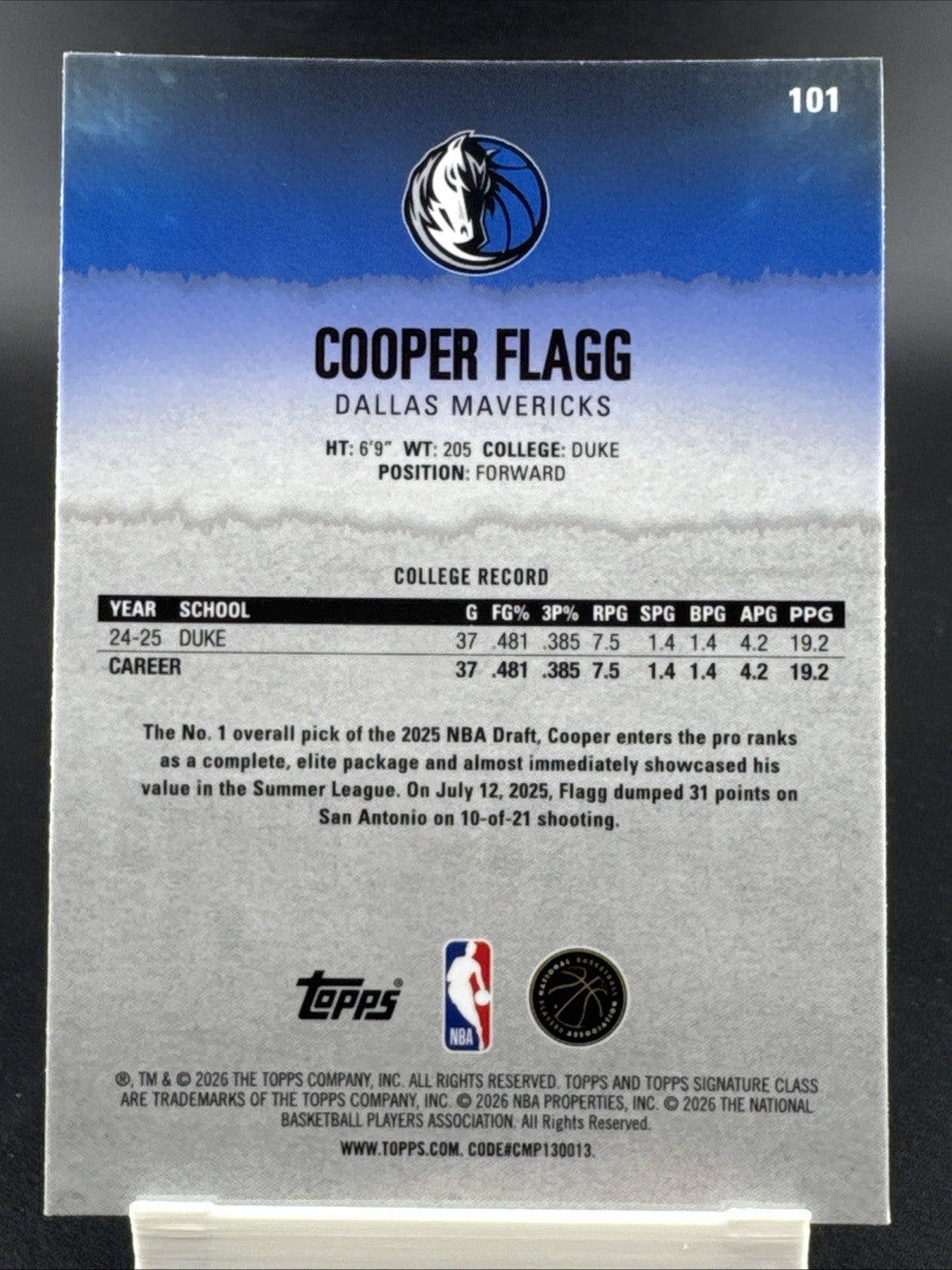 2025-26 Topps Signature Class Cooper Flagg RC Chrome Rookie Class Mavericks #101