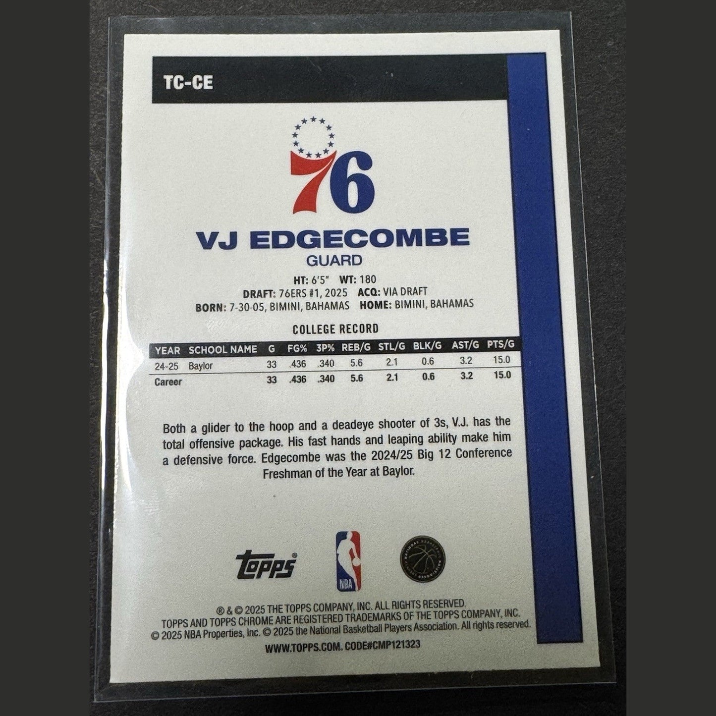 2025 Topps Flagship VJ Edgecomb New School RC Philadelphia 76ers