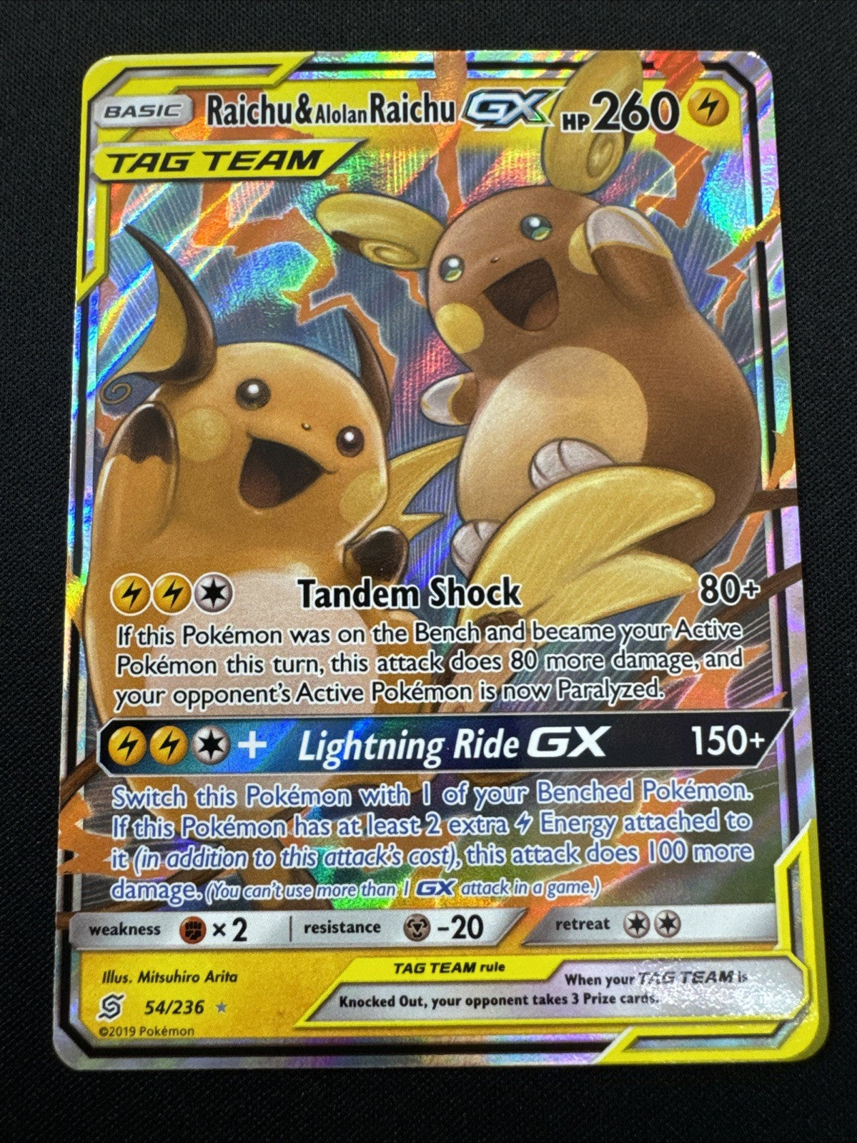 Raichu & Alolan Raichu GX 54/236 SM Unified Minds Holo NM / Mint Tag Team