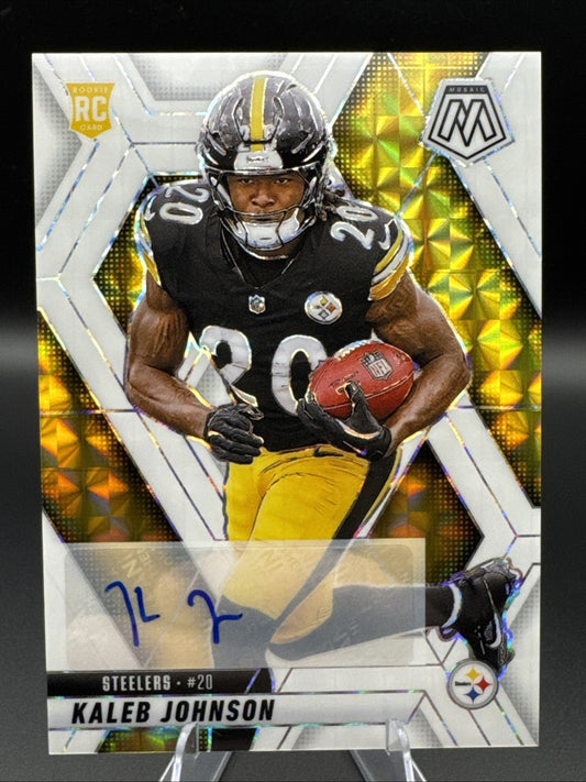 KALEB JOHNSON 2025 PANINI MOSAIC #315 ROOKIE AUTO WHITE PRIZM RC 19/25