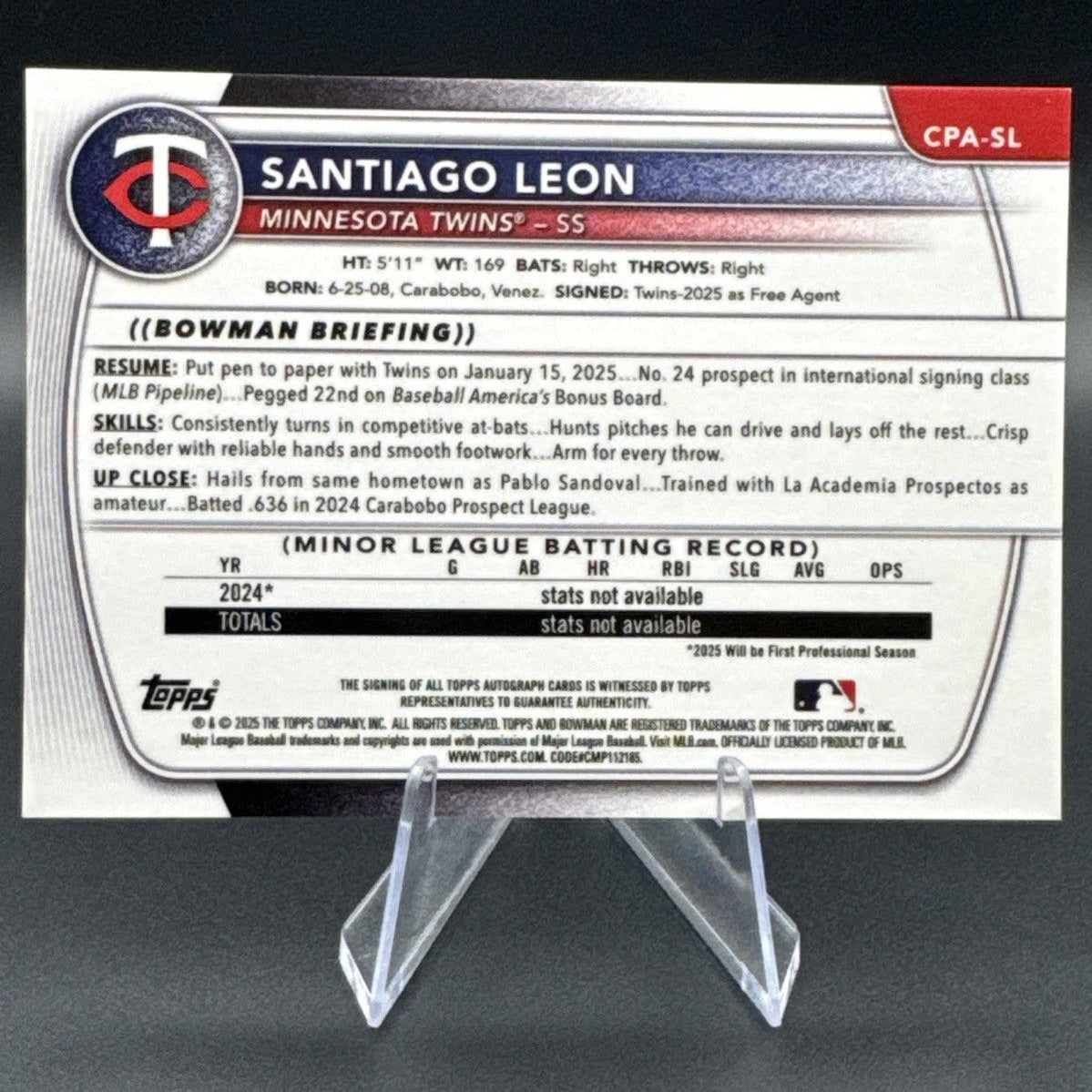 2025 Bowman Chrome Santiago Leon 1st Bowman Autograph #CPA-SL