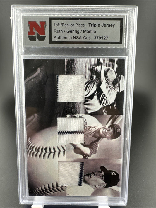 AUTHENTIC NSA CUT Babe Ruth Mickey Mantle & Lou Gehrig 1/1 TRIPLE JERSEY CARD