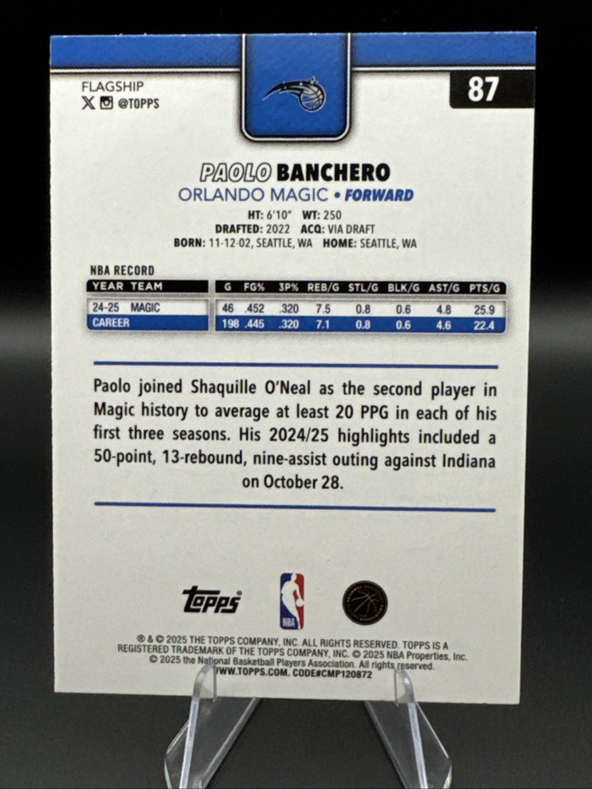 2025 Topps Basketball Paolo Banchero # 87 Gold Border /2025