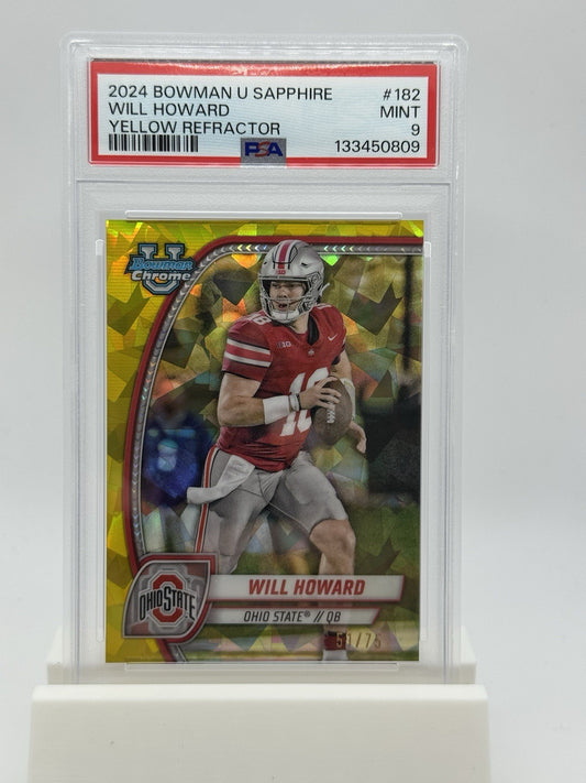 2024 BOWMAN UNIVERSITY CHROME SAPPHIRE YELLOW REFRACTOR WILL HOWARD 62/75 PSA 9