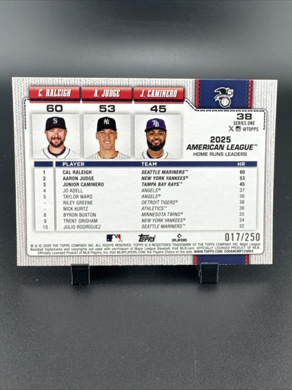 2026 Topps 17/250 AL Leaders HRs #38 Aaron Judge, Cal Raleigh, Junior Caminero