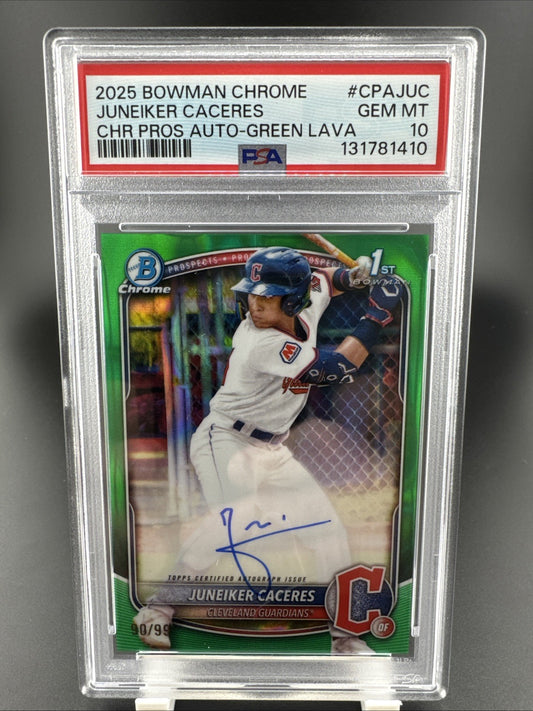 2025 Bowman Juneiker Caceres CHR Pros Green Auto Green Lava 90/99 PSA 10