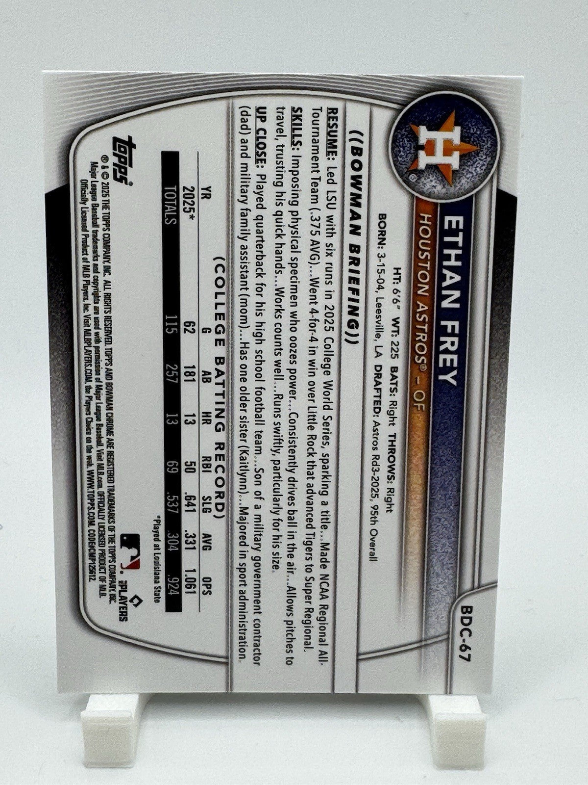 2025 BOWMAN DRAFT CHROME #BDC-67 ETHAN FREY BLUE SKY REFRACTOR HOUSTON ASTROS