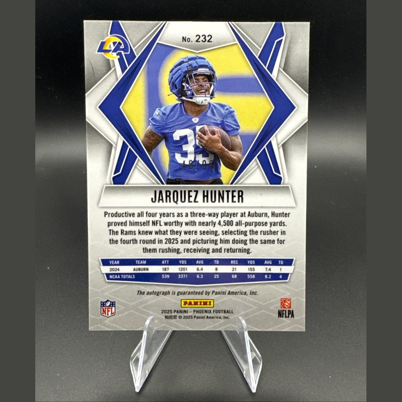 Jarquez Hunter 2025 Panini Phoenix Football RC Rookie Auto Red #232 48/99