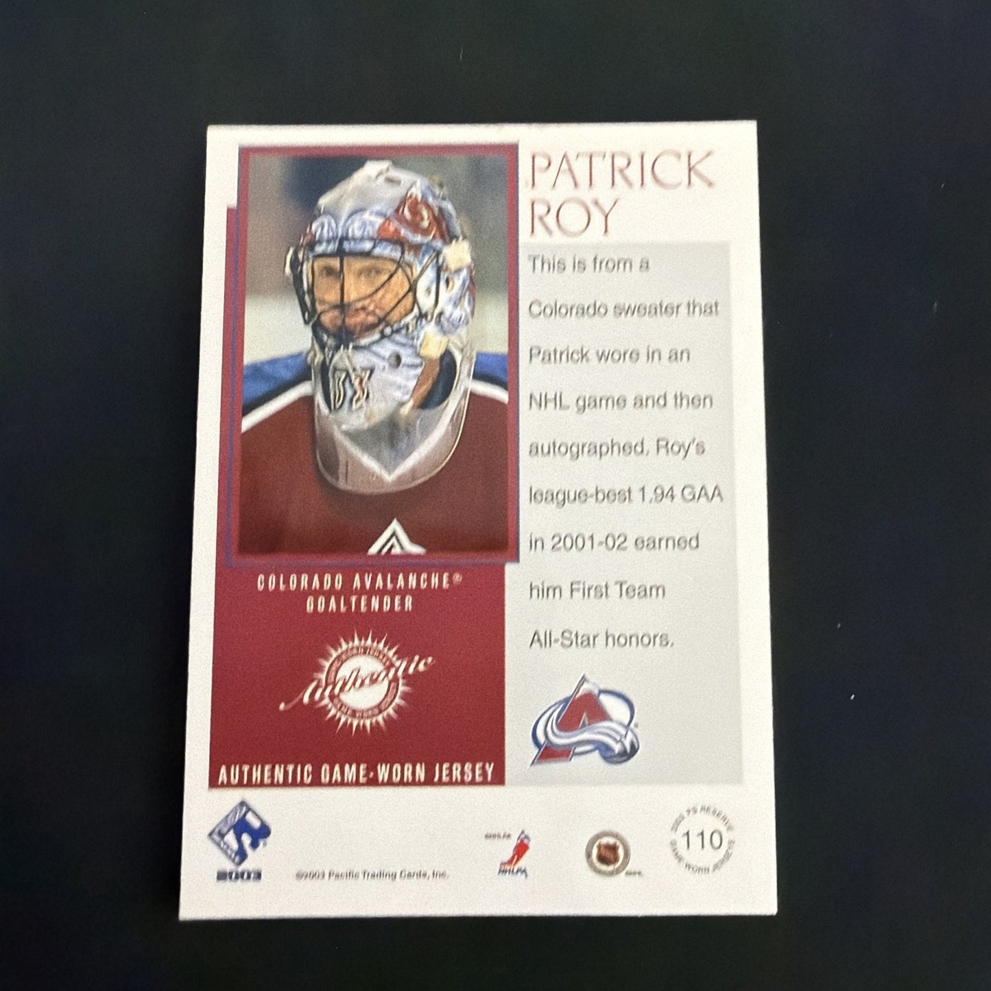 2002-03 Pacific Private Stock Reserve - Patrick Roy #110 /475 (MEM)