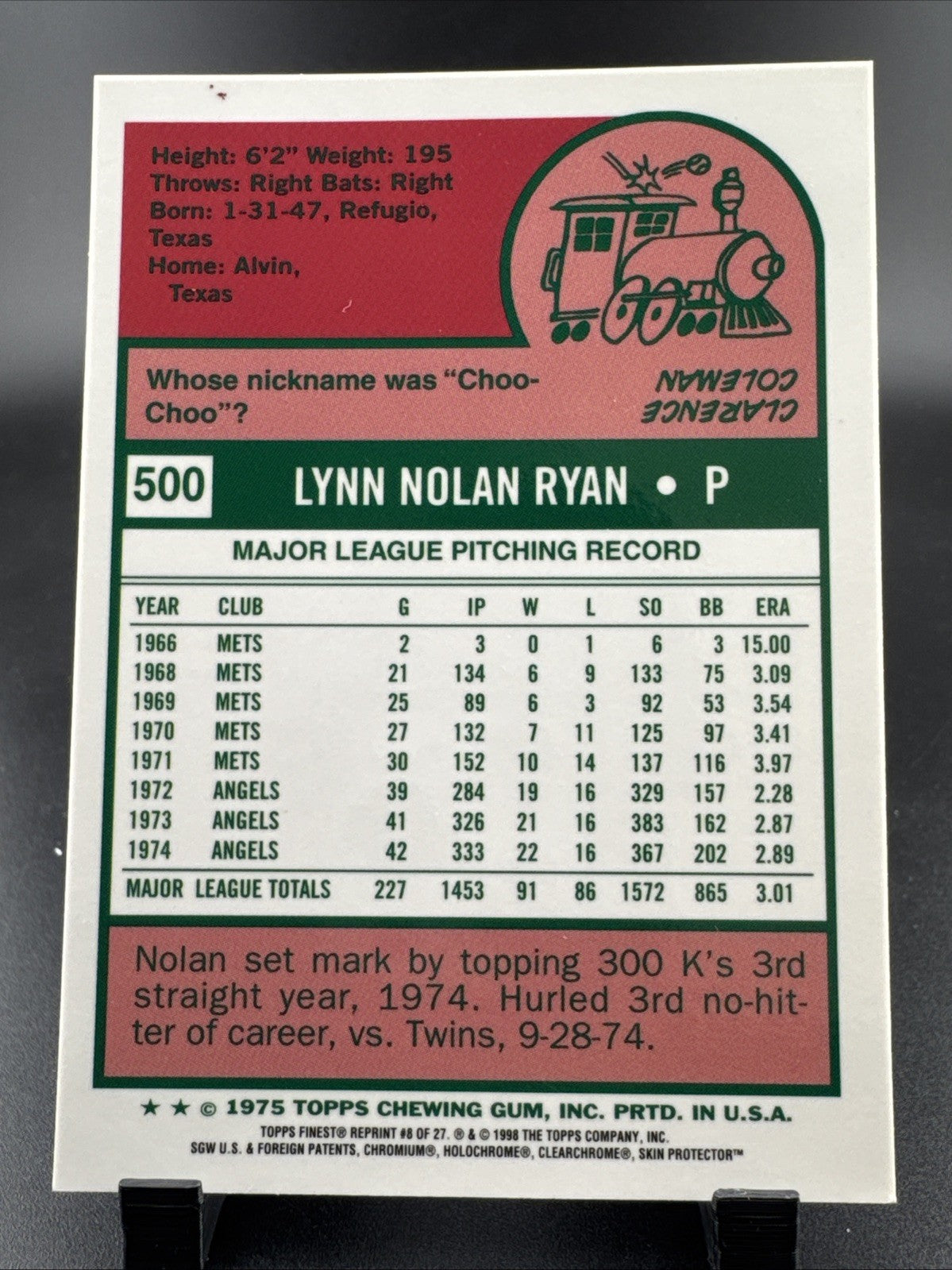 1999 Topps Finest Chrome Nolan Ryan HOF Reprints Refractor 1975 Topps #8 Angels