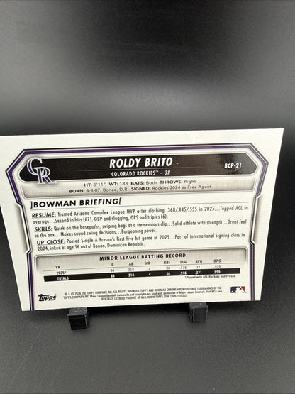 2026 Bowman - Chrome 1st Bowman Roldy Brito #BCP-21 Purple Refractor