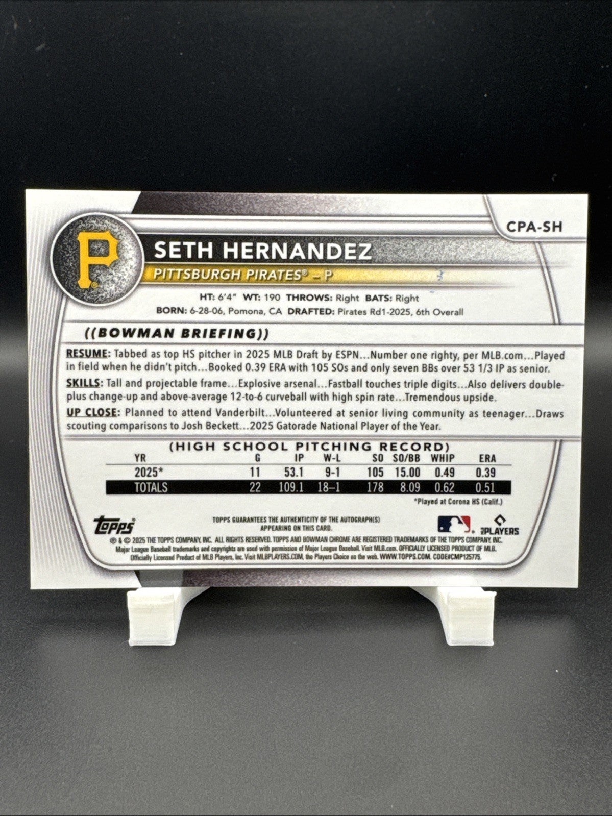 2025 Bowman Chrome Draft Seth Hernandez Sparkle Refractor Auto 28/71 #CPA-SH