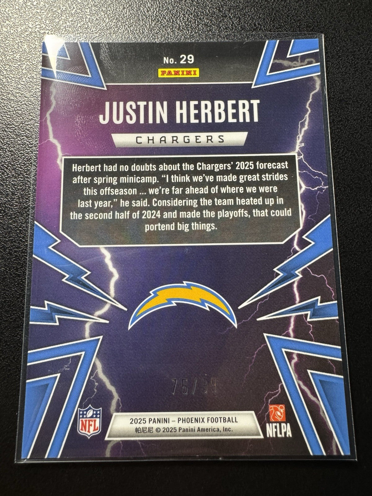 2025 Panini Phoenix Thunderbirds Justin Herbert Green /99 Charger SP