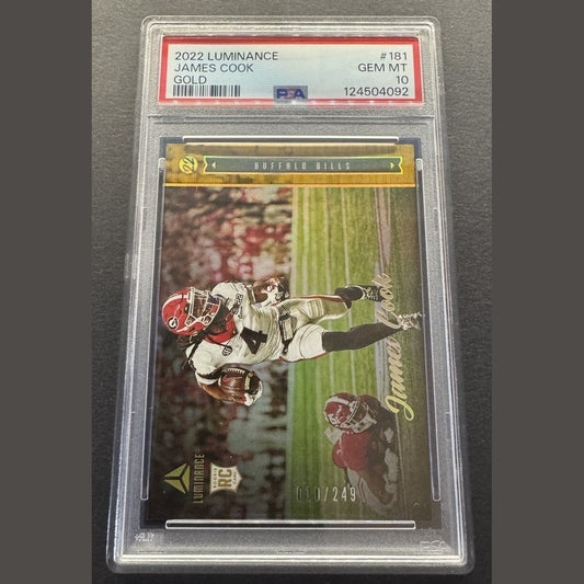 2022 Panini Luminance Rookie Gold 10/249 James Cook #181 PSA GEM MT 10