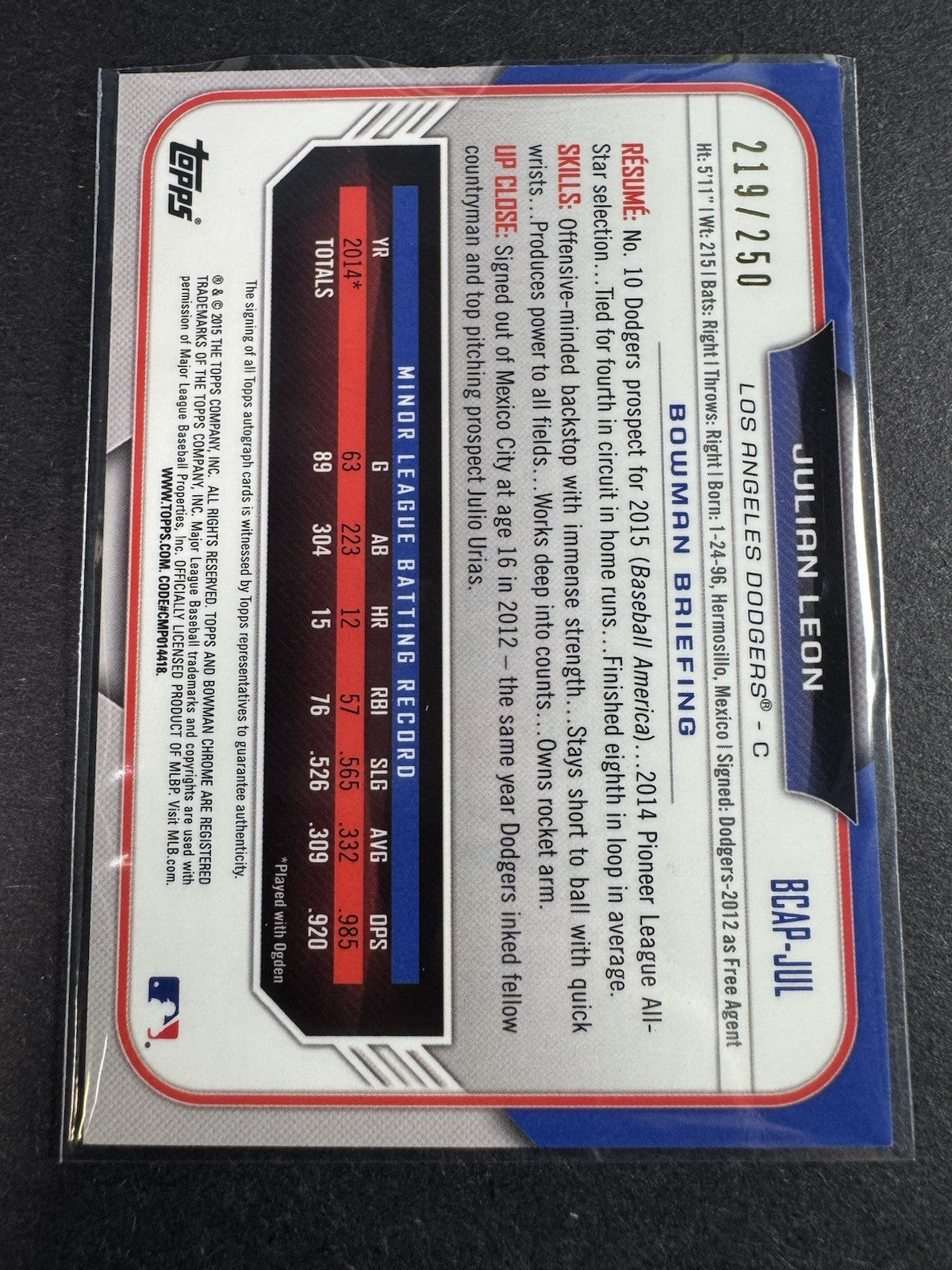 2015 Bowman Chrome Julian Leon Prospect Auto Purple Refractor /250 Dodgers