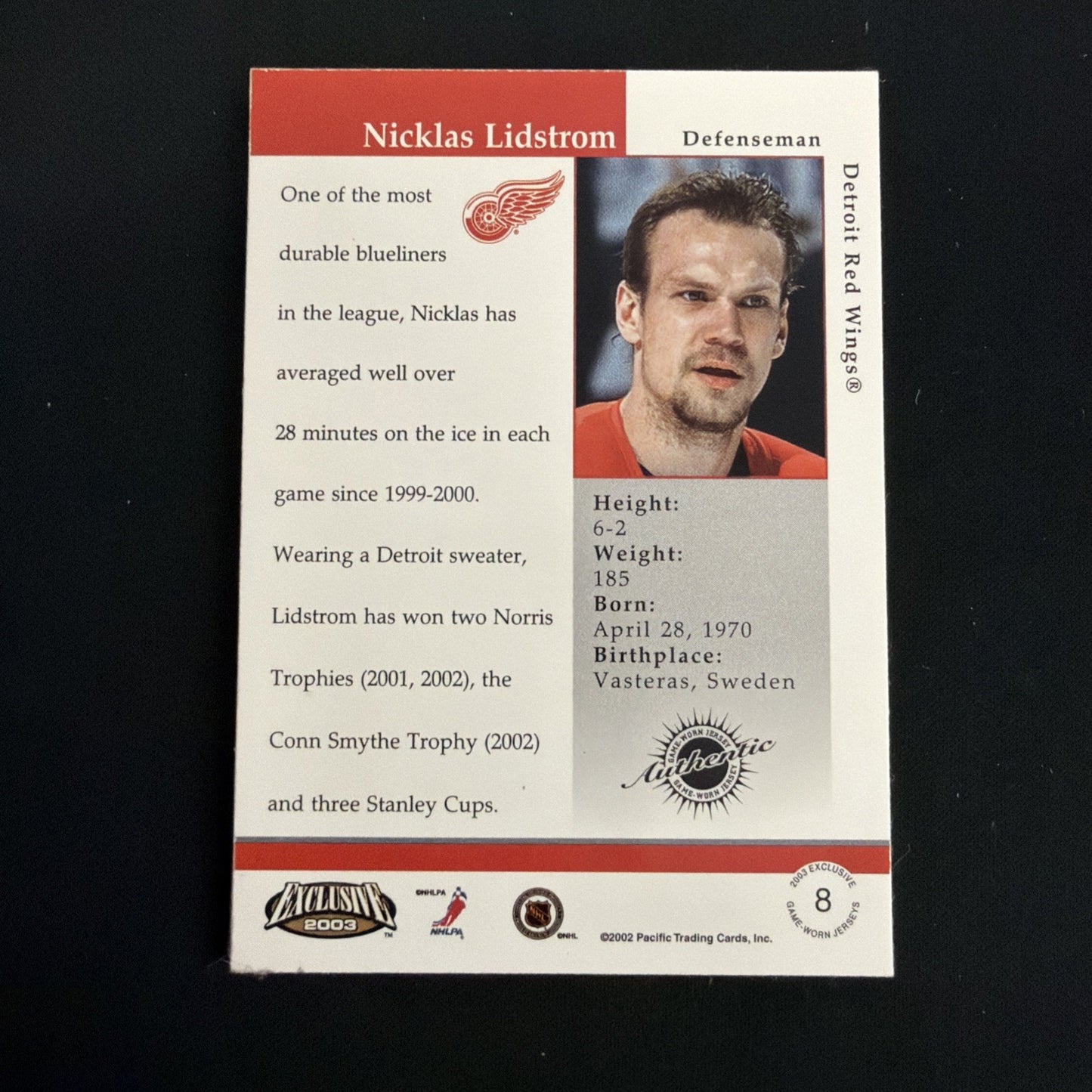 2002-03 Pacific Exclusive - Game-Worn Jerseys Nicklas Lidstrom #8 (MEM)