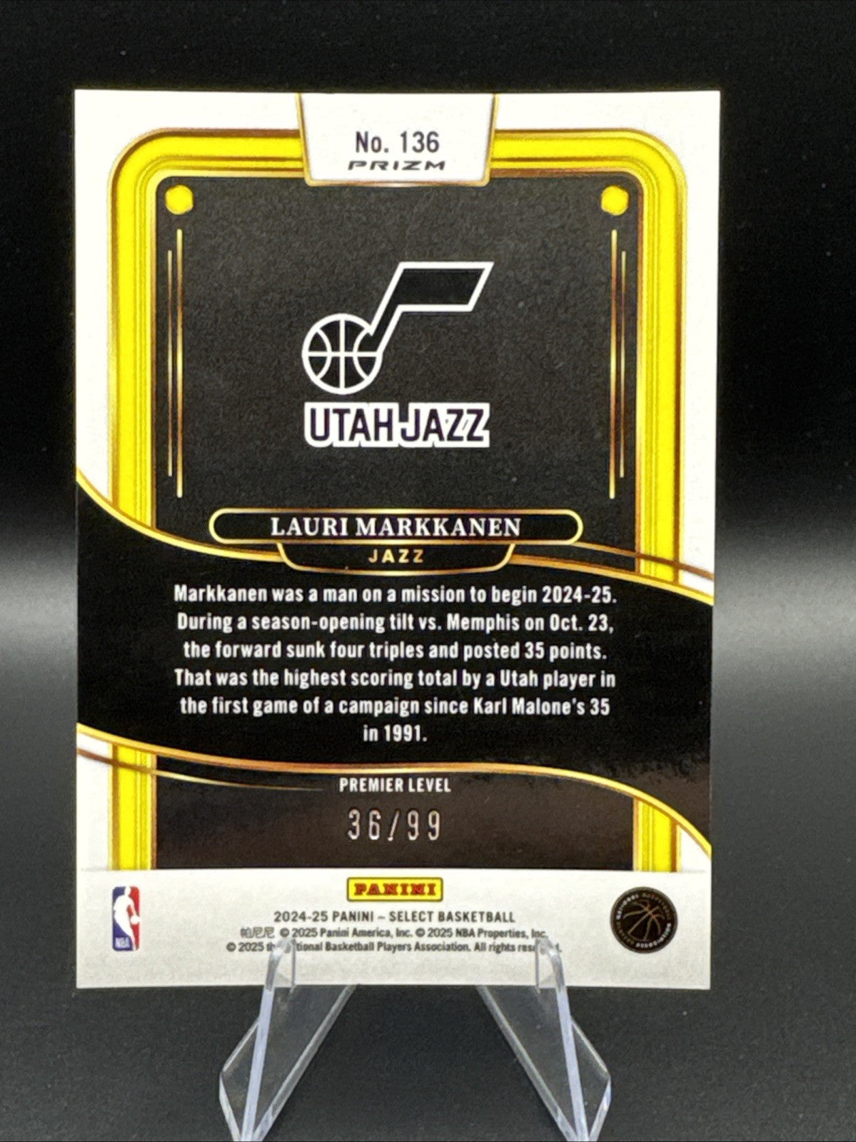 2024-25 Panini Select Lauri Markkanen #136 Premier Level White Prizm 36/99