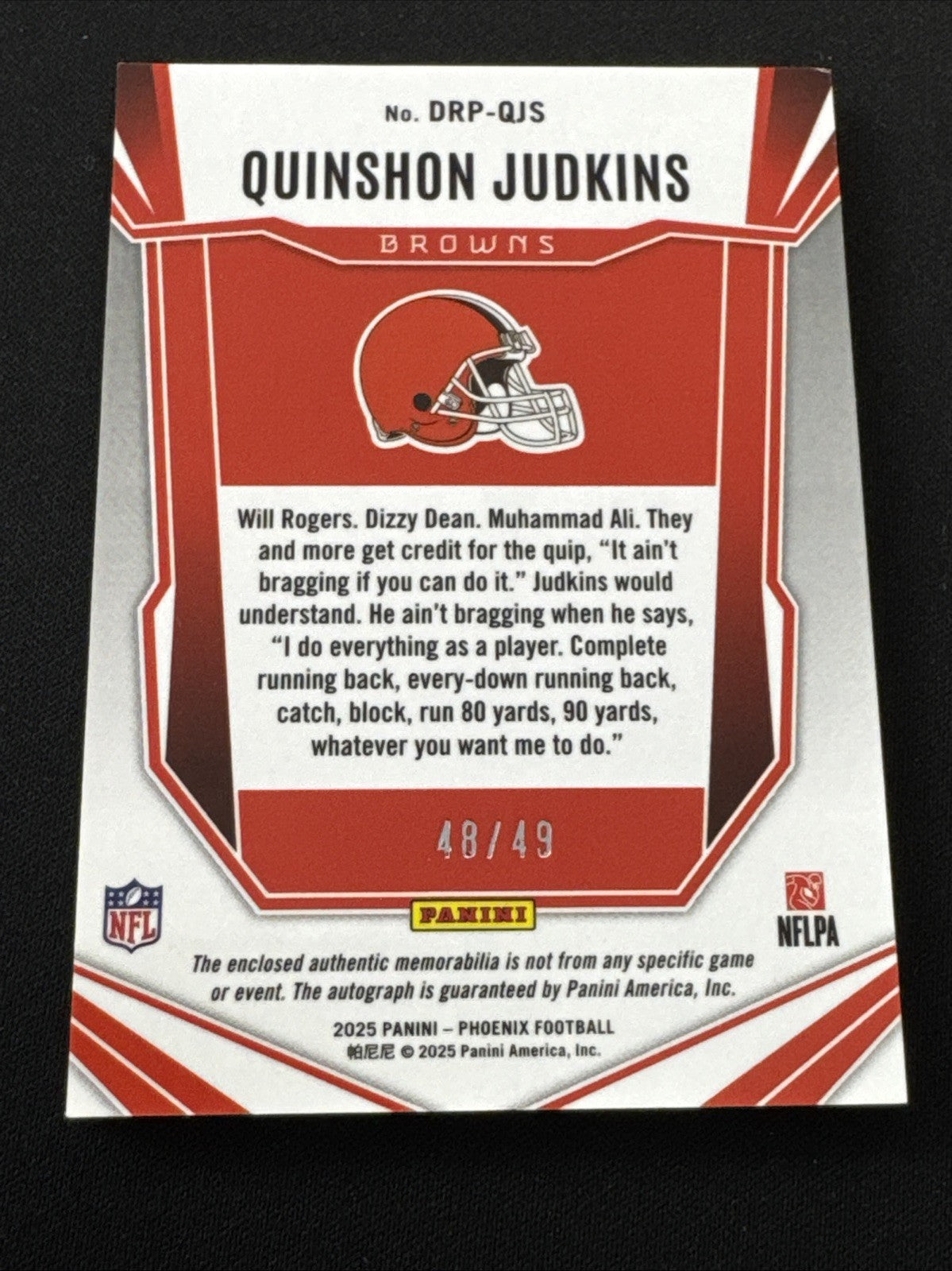 2025 Phoenix Quinshon Judkins Blue Rookie Patch Auto /49 Cleveland