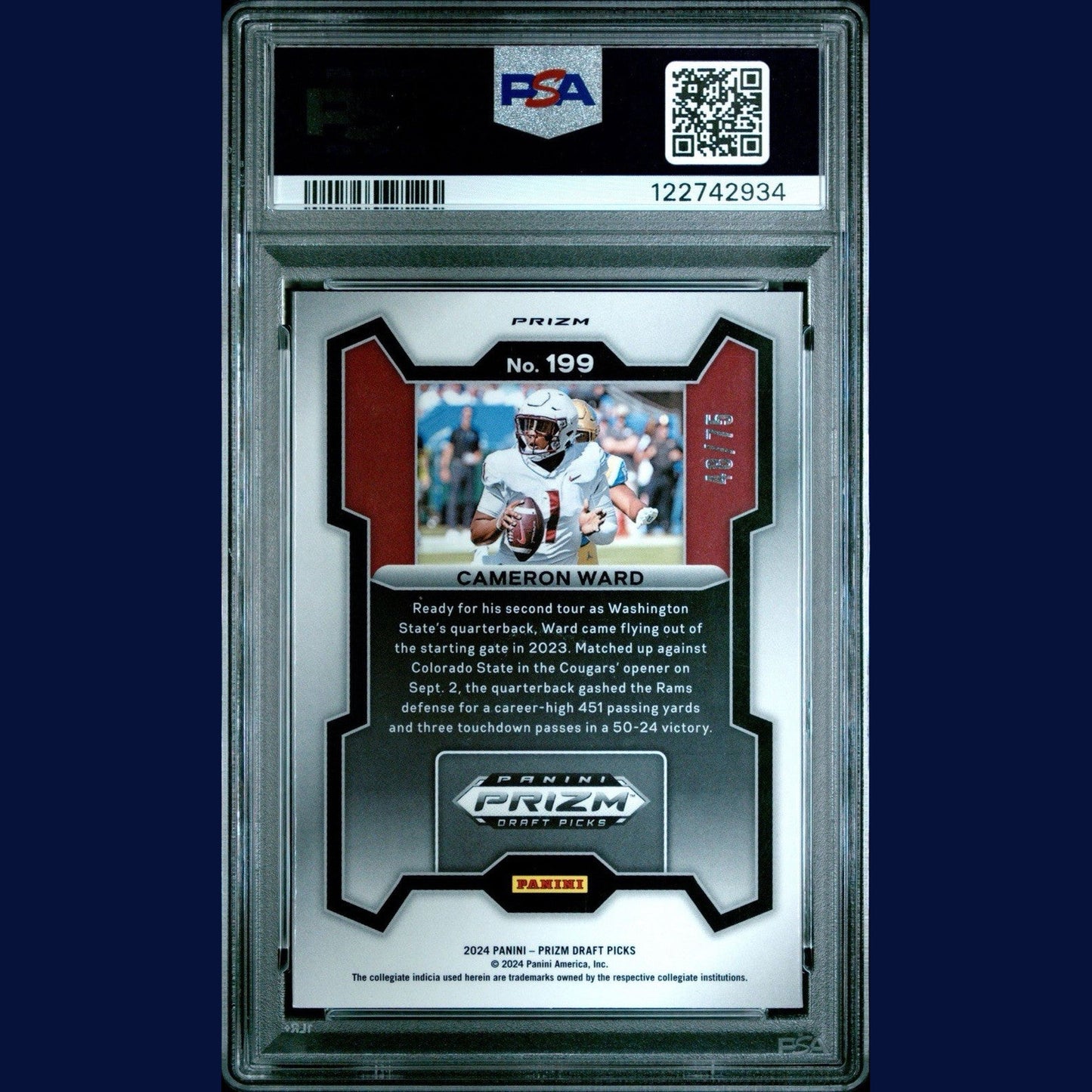 2024 Prizm Draft Picks Cam Ward Purple Prizm #'d 48/75 Rated Prospect #199 PSA 9