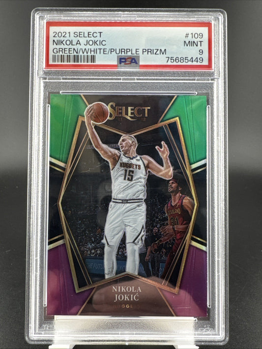 2021-22 Panini Select Green, White and Purple Prizm #109 Nikola Jokic PSA 9