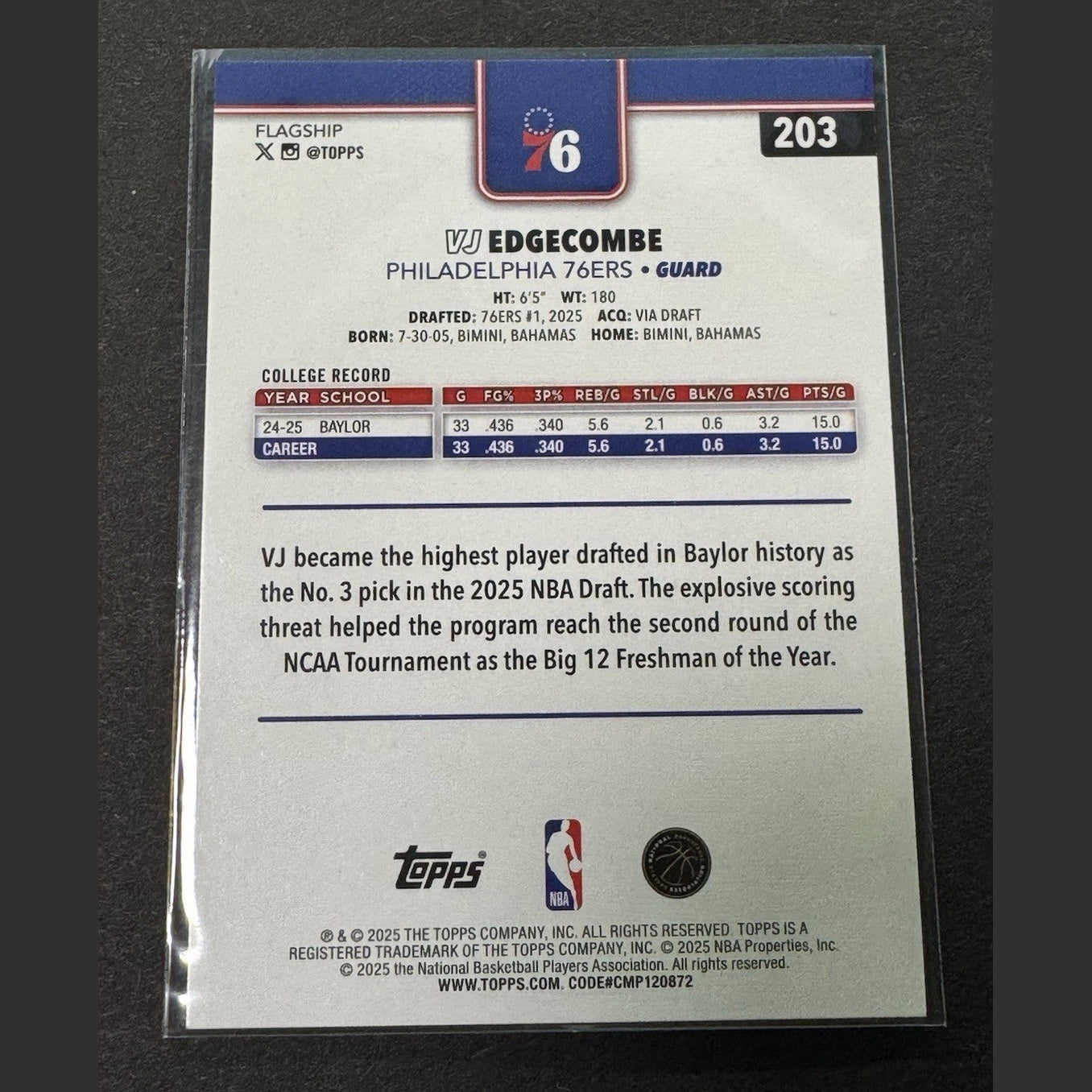 VJ Edgecombe 2025-26 Topps Rookie Card #203 Topps Flagship RC 76ers RC