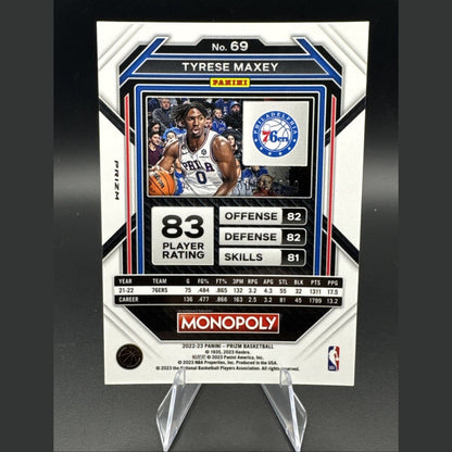 2022-23 Panini Prizm Monopoly Tyrese Maxey #69 Gold Money Shimmer Prizm