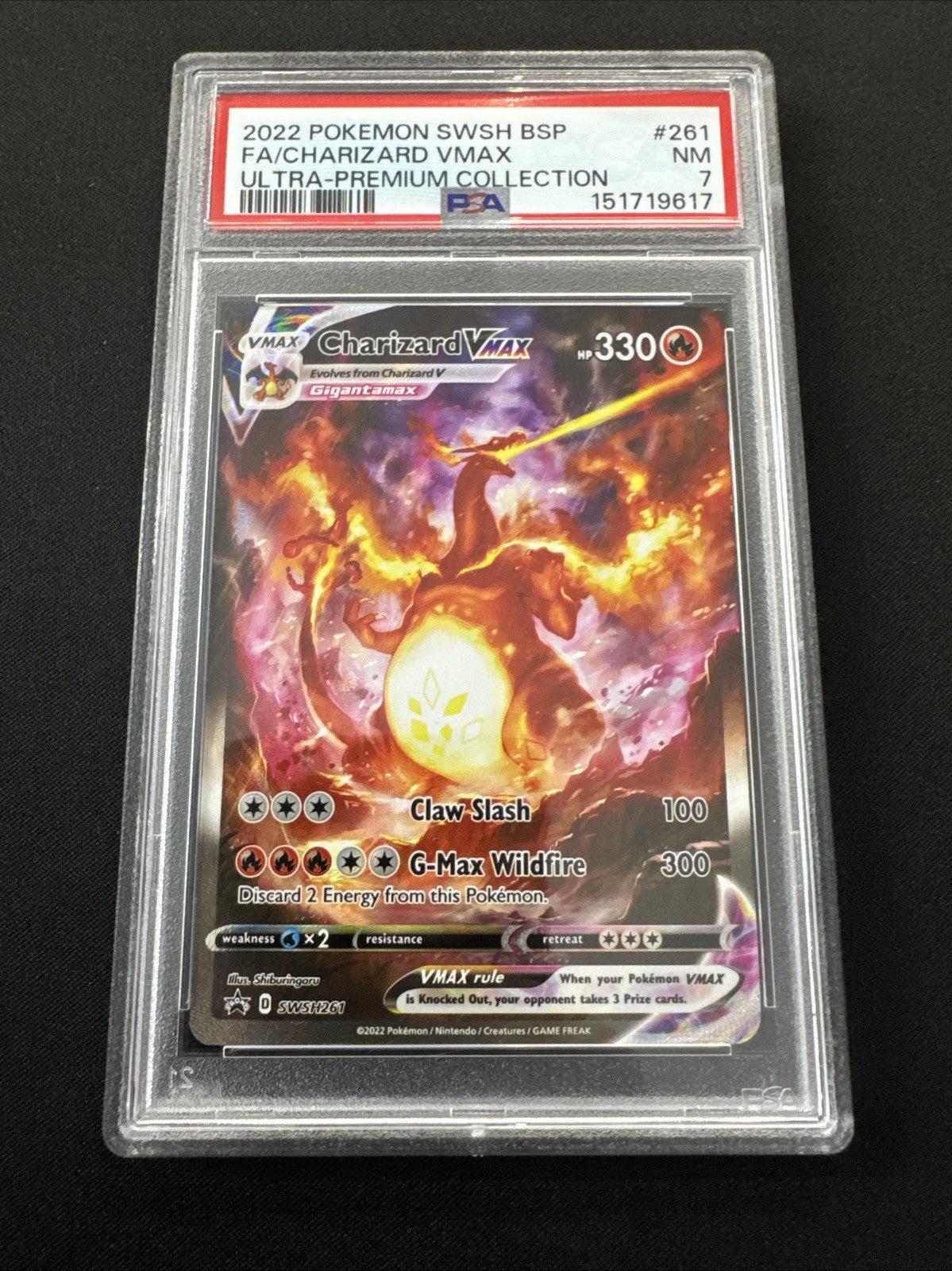 POKEMON  2022 3 Ultra Prem Collection Promo Full Art CHARIZARD Vmax #261 PSA 7