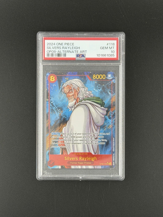 2024 ONE PIECE OP08-TWO LEGENDS ALTERNATE ART #118 SILVERS RAYLEIGH PSA 10