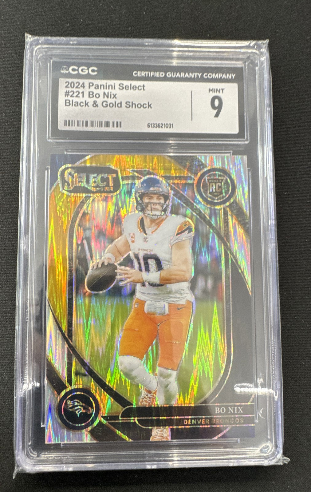 2024 Panini Select - Club Level Bo Nix #221 Black & Gold Shock Prizm (RC)