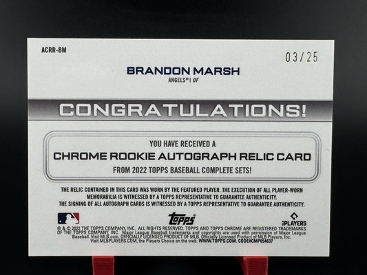 2022 Topps Chrome Rookie Autograph Relic Brandon Marsh Angels Phillies RC /25