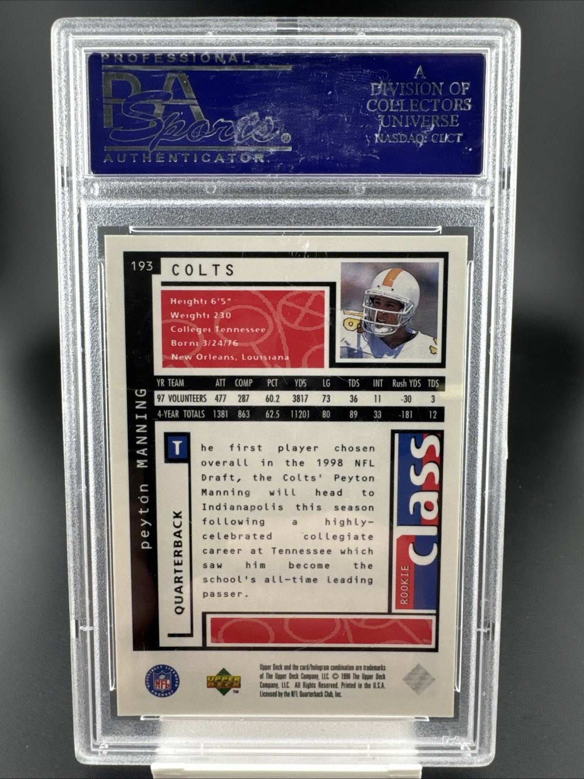 Upper Deck 1998 UD Choice Peyton Manning Rookie Class RC #193 Colts PSA 10