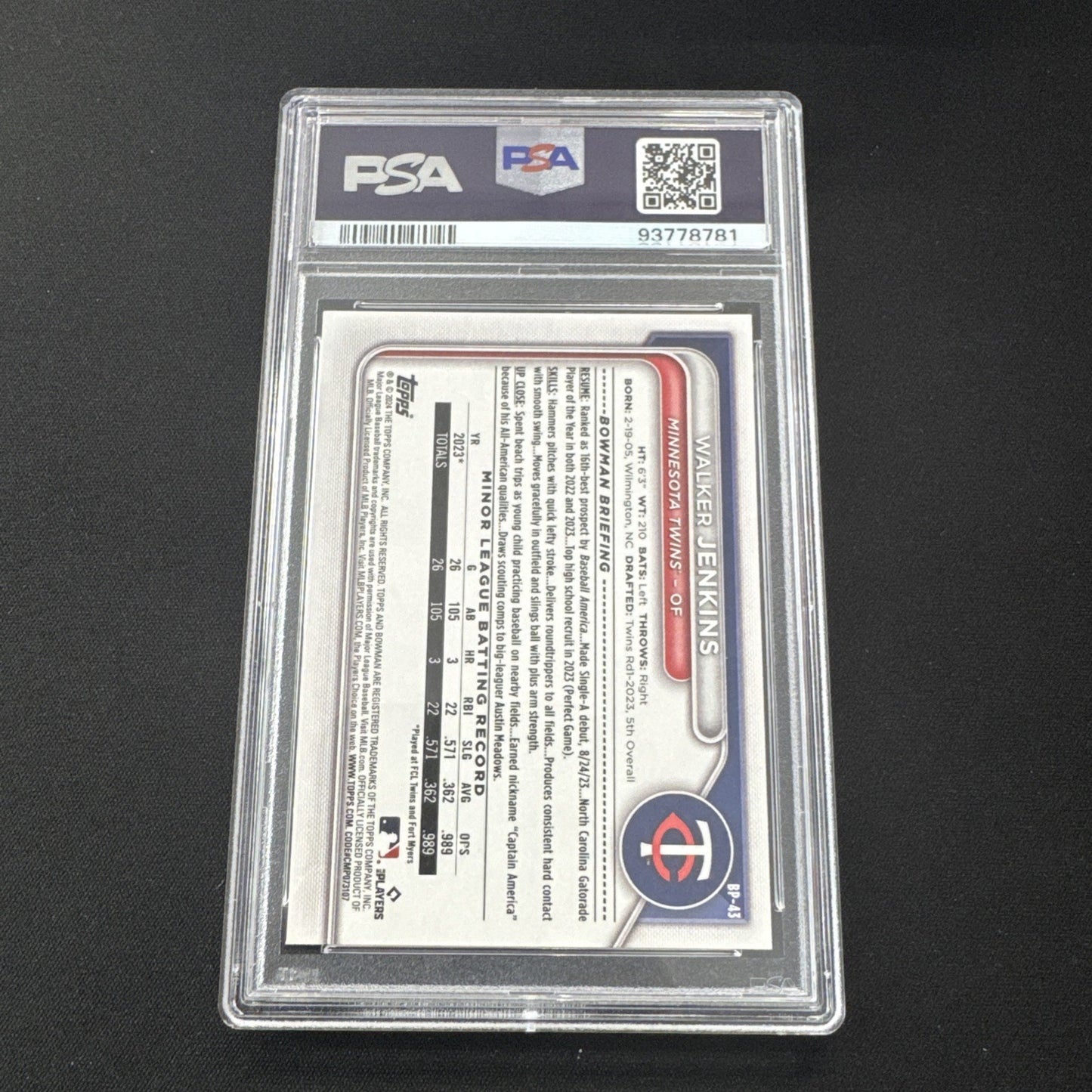 2024 Bowman Chrome Walker Jenkins PSA 10 Paper Prospects