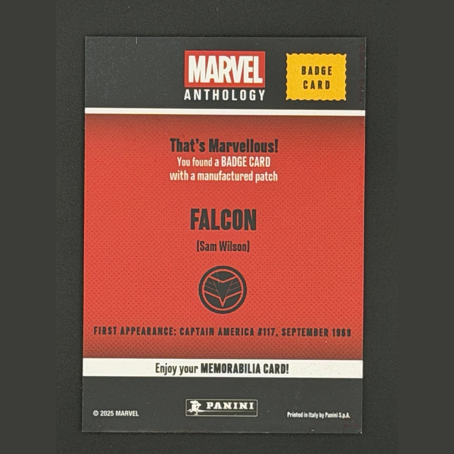 Marvel Anthology Panini - Falcon (Sam Wilson) Badge Memorabilia Card