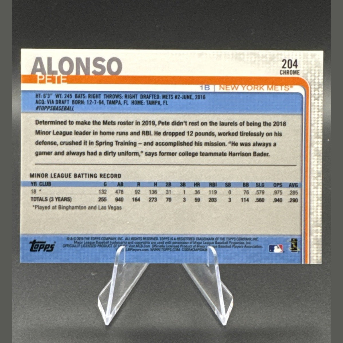 2019 Topps Chrome Pete Alonso Rookie #204 New York Mets Baseball Card