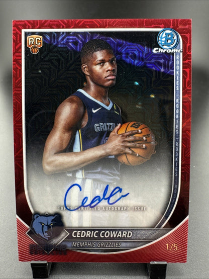 2025-26 Bowman Basketball Cedric Coward Rookie On Card Autograph Red Mojo 1/5