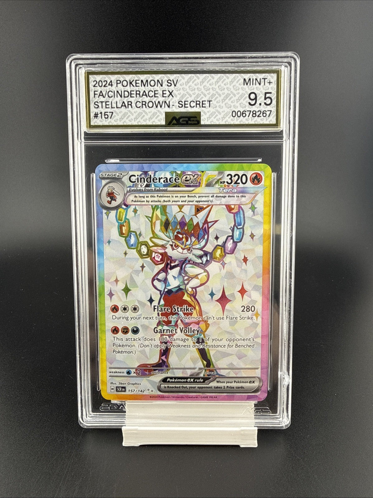 Pokemon TCG Cinderace ex 157/142 Sv07 Stellar Crown Secret Rare Holo AGS 9.5