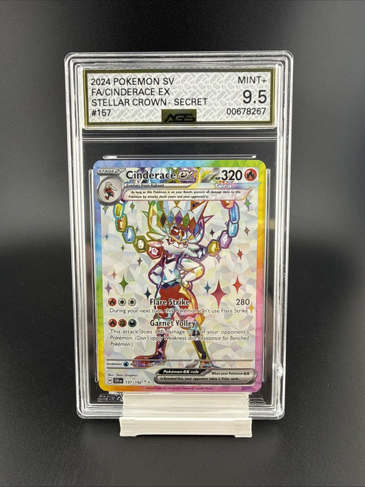 Pokemon TCG Cinderace ex 157/142 Sv07 Stellar Crown Secret Rare Holo AGS 9.5