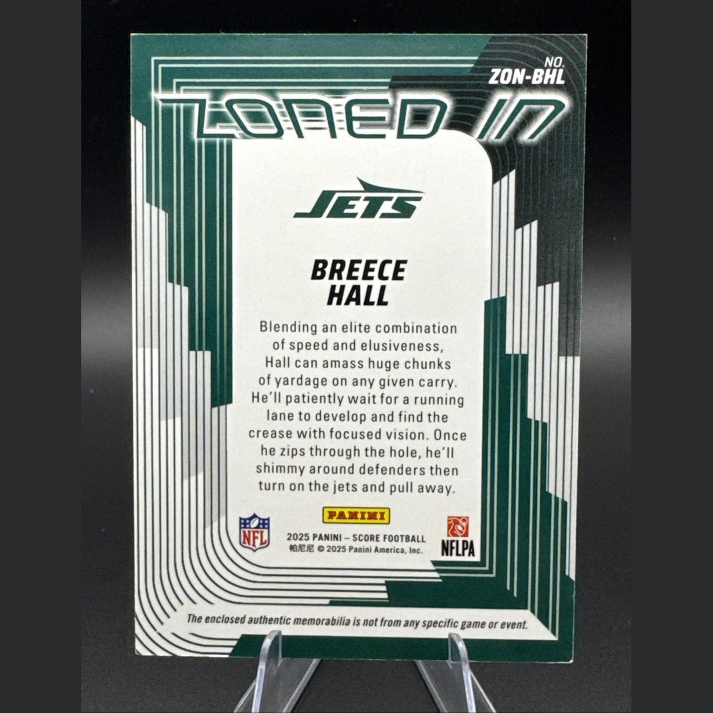 Breece Hall 2025 Panini Score Zoned In Patch #ZON-BHL New York Jets