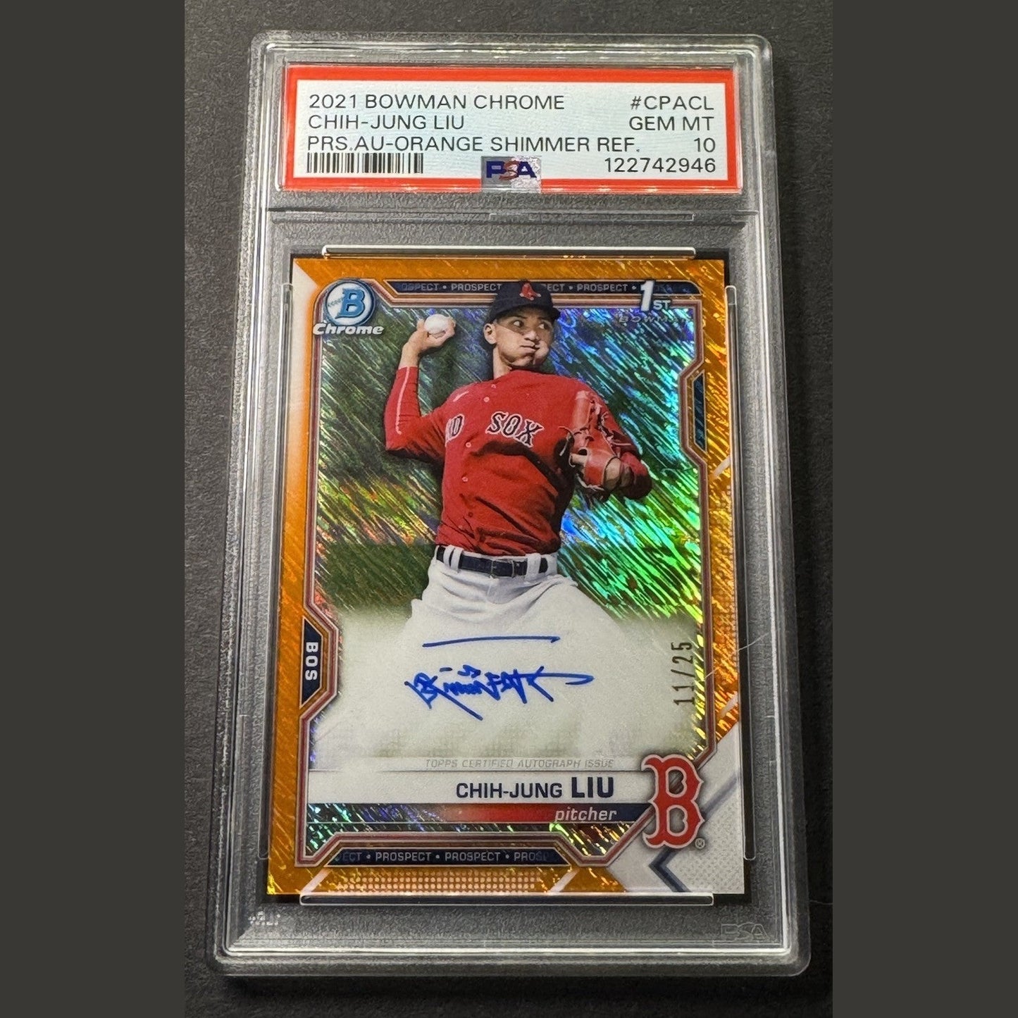 2021 Bowman Chrome Chih-Jung Liu auto orange Shimmer refractor 11/25 PSA 10