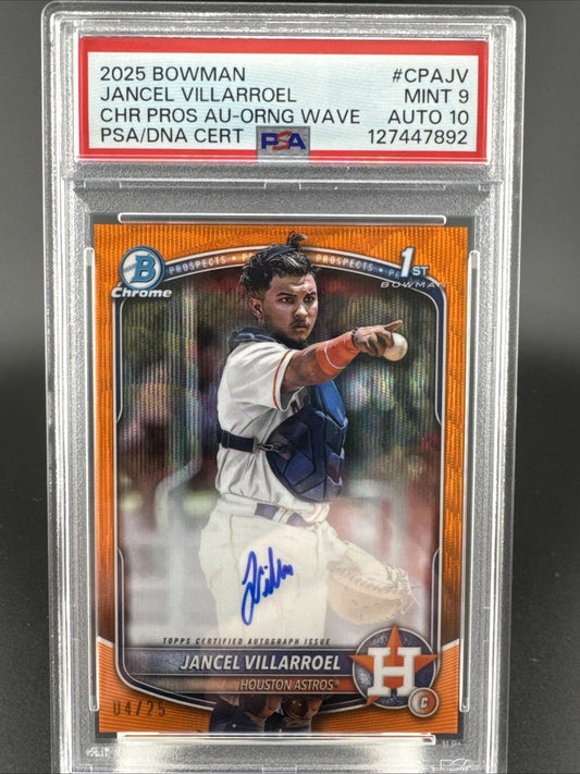 2025 Bowman Chrome Jancel Villarroel 4/25 CHR Pros Auto Orange Wave PSA 9