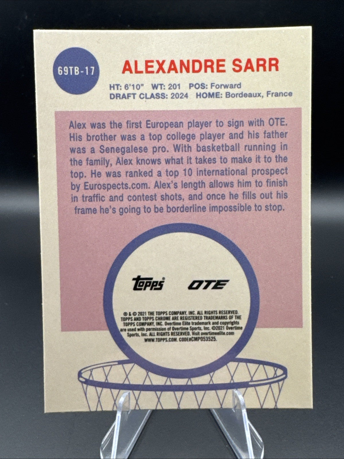 2021-22 Topps Chrome OTE #69TB17 Alexandre Sarr 1969 Topps Basketball RC