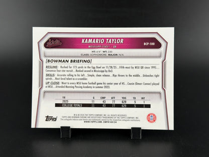 2026 Bowman Chrome University Kamario Taylor #BCP-100 Speckle Refractor