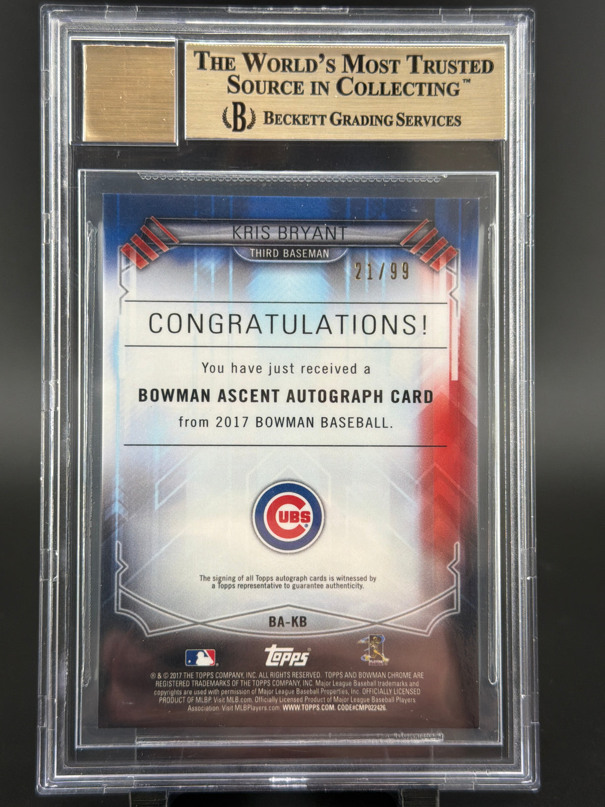 2017 Bowman Kris Bryant #BA-KB /99 BGS 9.5 BAS Auto 10