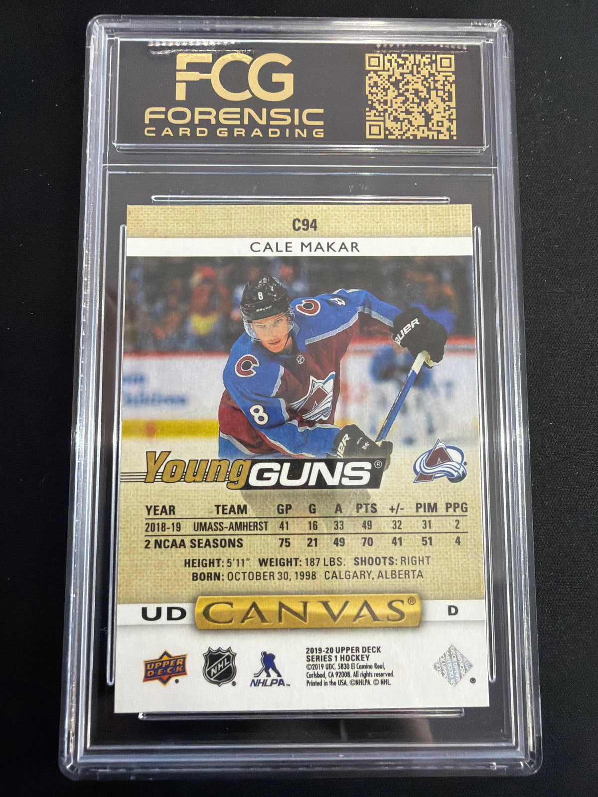 2019 Upper Deck Series 1 UD Canvas Cale Makar #C94 Young Guns